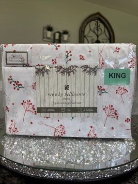 Wendy Bellissimo White Sheet Set with Red & Green Berry Sprig Print NEW